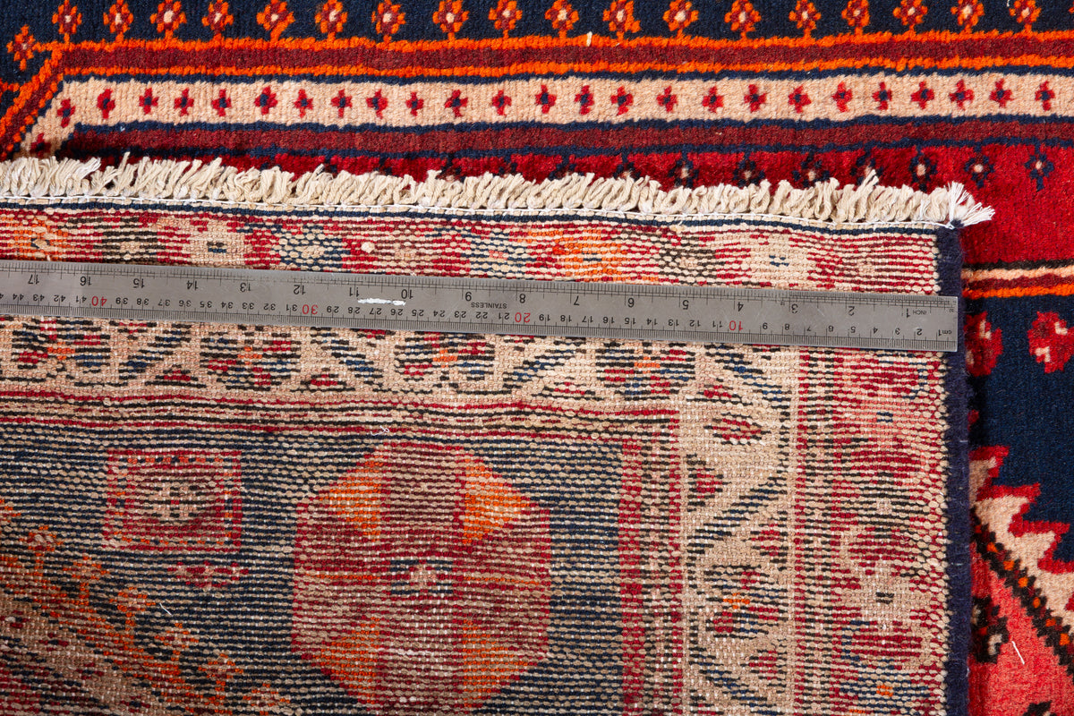 Vintage Red and Navy Blue Medallion Hand-Knotted Area Rug – 6' 8" x 3' 5" (202 x 104 cm)