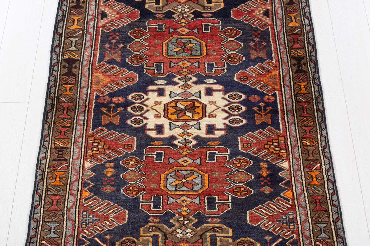 Vintage Navy Blue, Red, and Brown Allover Geometric Hand-Knotted Area Rug – 7' 5" x 3' 4" (227 x 102 cm)