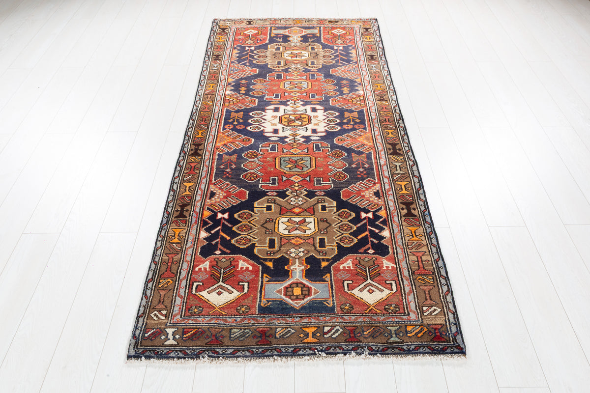 Vintage Navy Blue, Red, and Brown Allover Geometric Hand-Knotted Area Rug – 7' 5" x 3' 4" (227 x 102 cm)