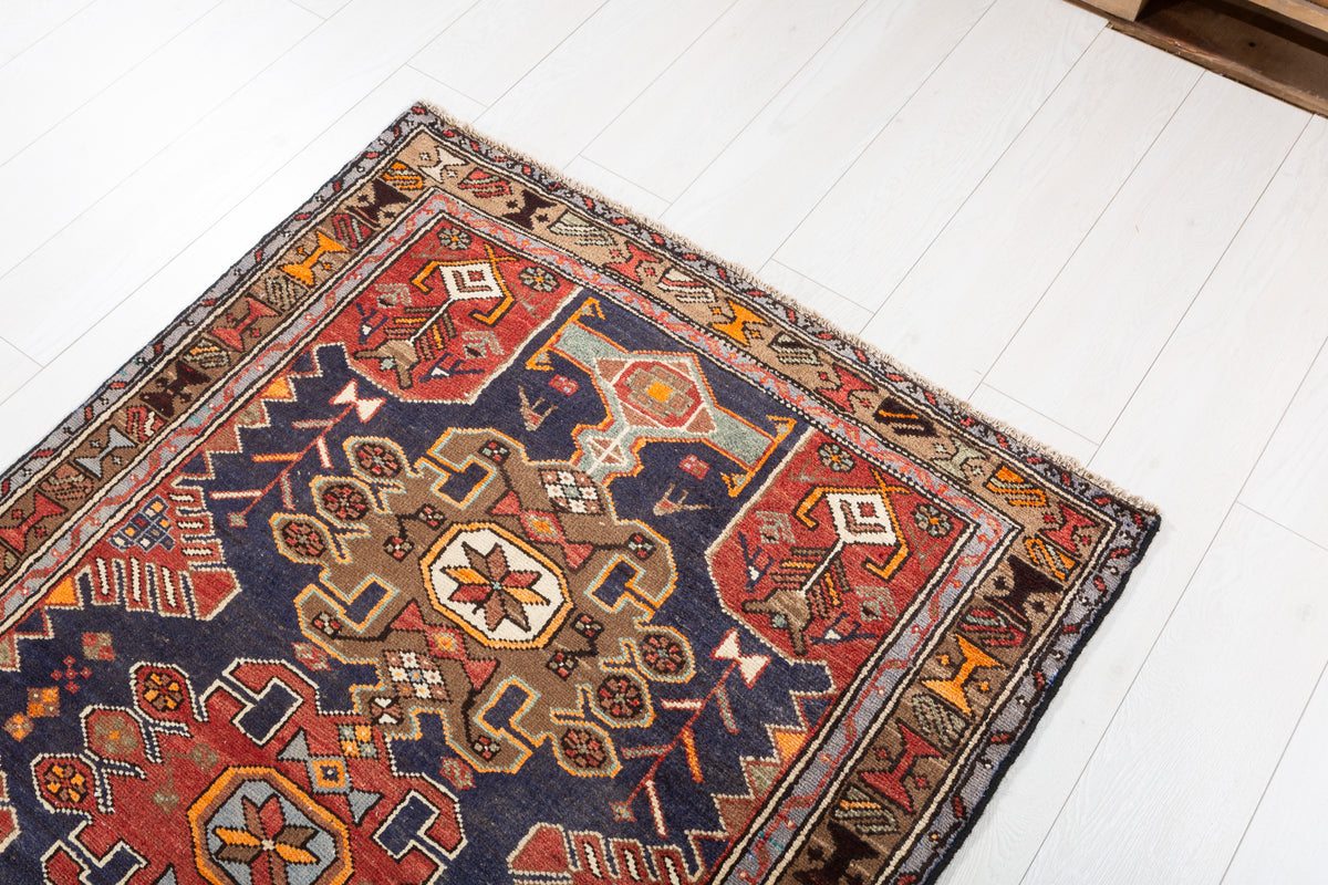 Vintage Navy Blue, Red, and Brown Allover Geometric Hand-Knotted Area Rug – 7' 5" x 3' 4" (227 x 102 cm)