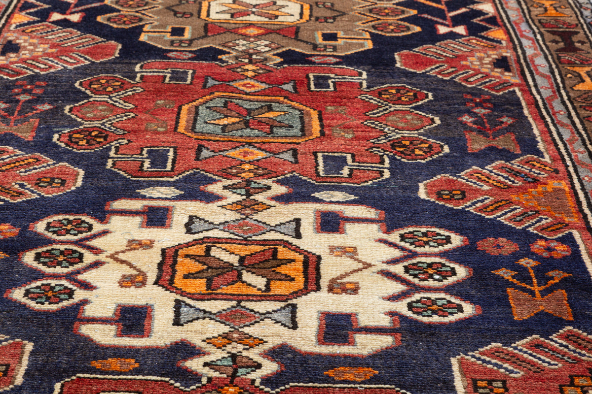 Vintage Navy Blue, Red, and Brown Allover Geometric Hand-Knotted Area Rug – 7' 5" x 3' 4" (227 x 102 cm)