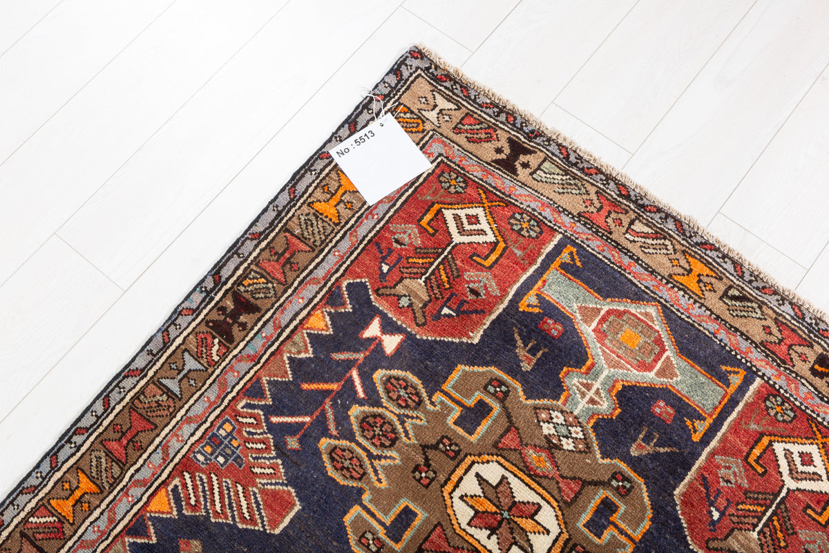 Vintage Navy Blue, Red, and Brown Allover Geometric Hand-Knotted Area Rug – 7' 5" x 3' 4" (227 x 102 cm)