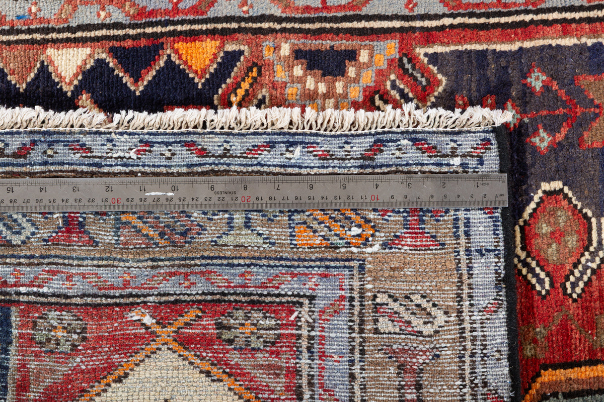 Vintage Navy Blue, Red, and Brown Allover Geometric Hand-Knotted Area Rug – 7' 5" x 3' 4" (227 x 102 cm)