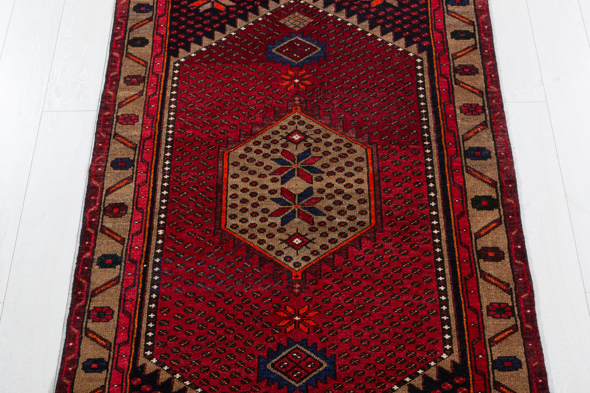 Vintage Red and Brown Allover Geometric Hand-Knotted Area Rug – 6' 6" x 3' 5" (198 x 104 cm)