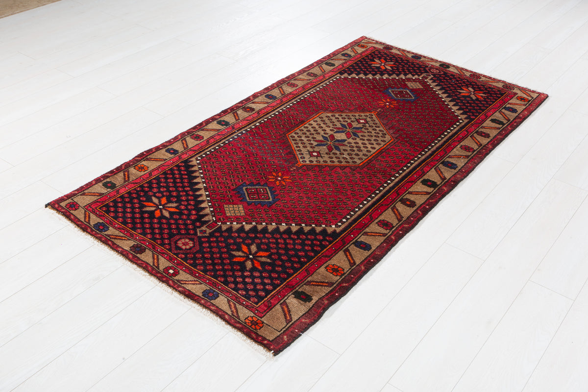Vintage Red and Brown Allover Geometric Hand-Knotted Area Rug – 6' 6" x 3' 5" (198 x 104 cm)