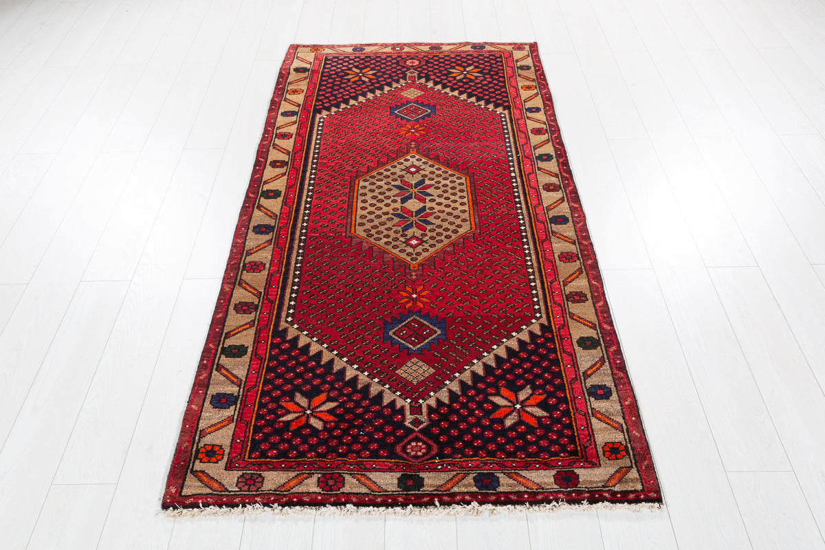 Vintage Red and Brown Allover Geometric Hand-Knotted Area Rug – 6' 6" x 3' 5" (198 x 104 cm)