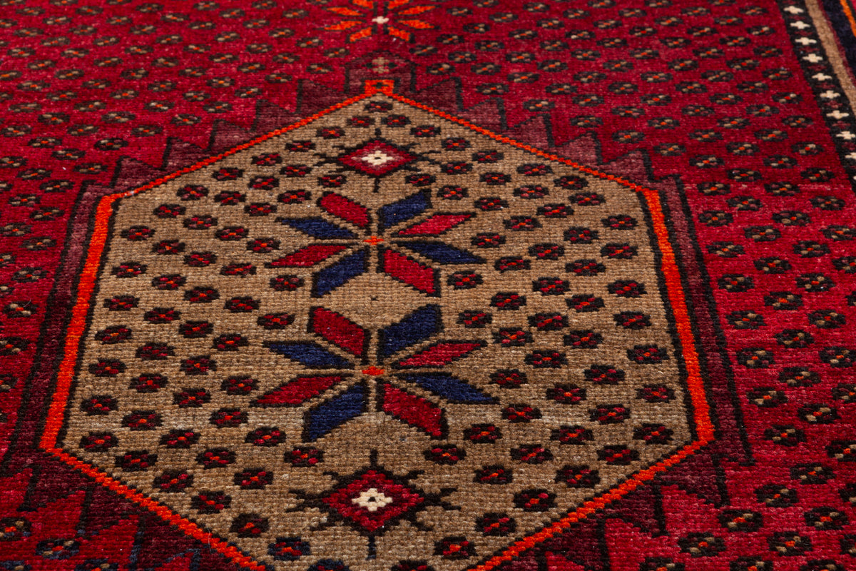 Vintage Red and Brown Allover Geometric Hand-Knotted Area Rug – 6' 6" x 3' 5" (198 x 104 cm)