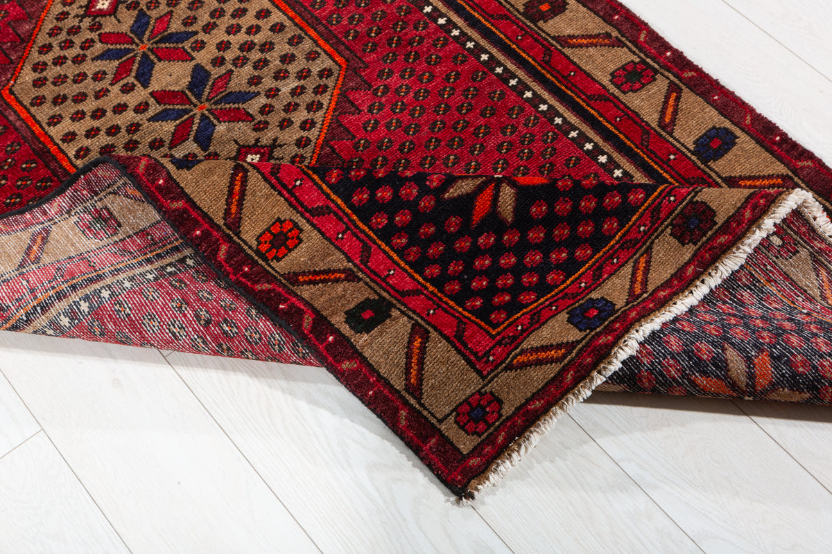 Vintage Red and Brown Allover Geometric Hand-Knotted Area Rug – 6' 6" x 3' 5" (198 x 104 cm)