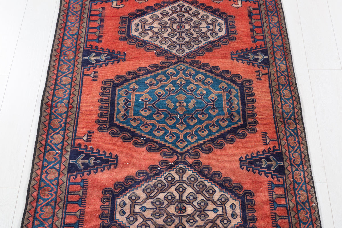 Collectible Vintage Orange and Blue Hexagonal Medallion Hand-Knotted Area Rug – 6' 7" x 3' 7" (200 x 108 cm)