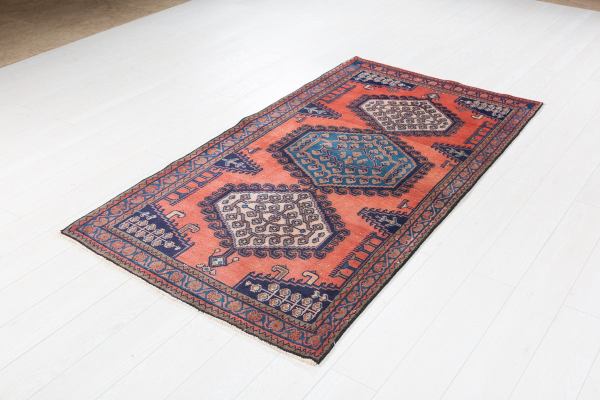 Collectible Vintage Orange and Blue Hexagonal Medallion Hand-Knotted Area Rug – 6' 7" x 3' 7" (200 x 108 cm)