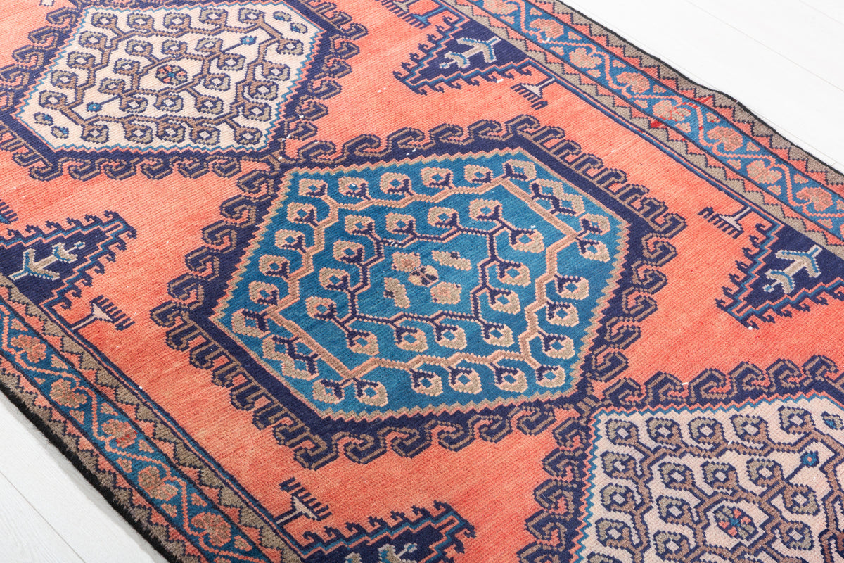 Collectible Vintage Orange and Blue Hexagonal Medallion Hand-Knotted Area Rug – 6' 7" x 3' 7" (200 x 108 cm)