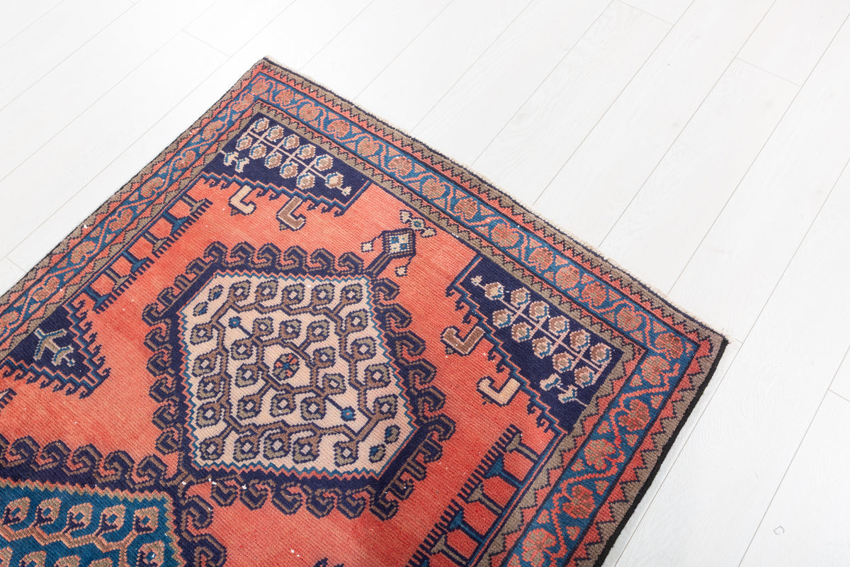 Collectible Vintage Orange and Blue Hexagonal Medallion Hand-Knotted Area Rug – 6' 7" x 3' 7" (200 x 108 cm)