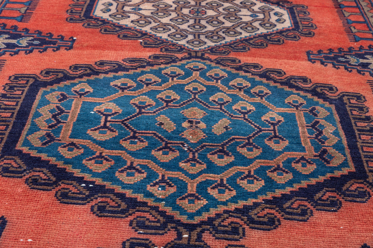 Collectible Vintage Orange and Blue Hexagonal Medallion Hand-Knotted Area Rug – 6' 7" x 3' 7" (200 x 108 cm)