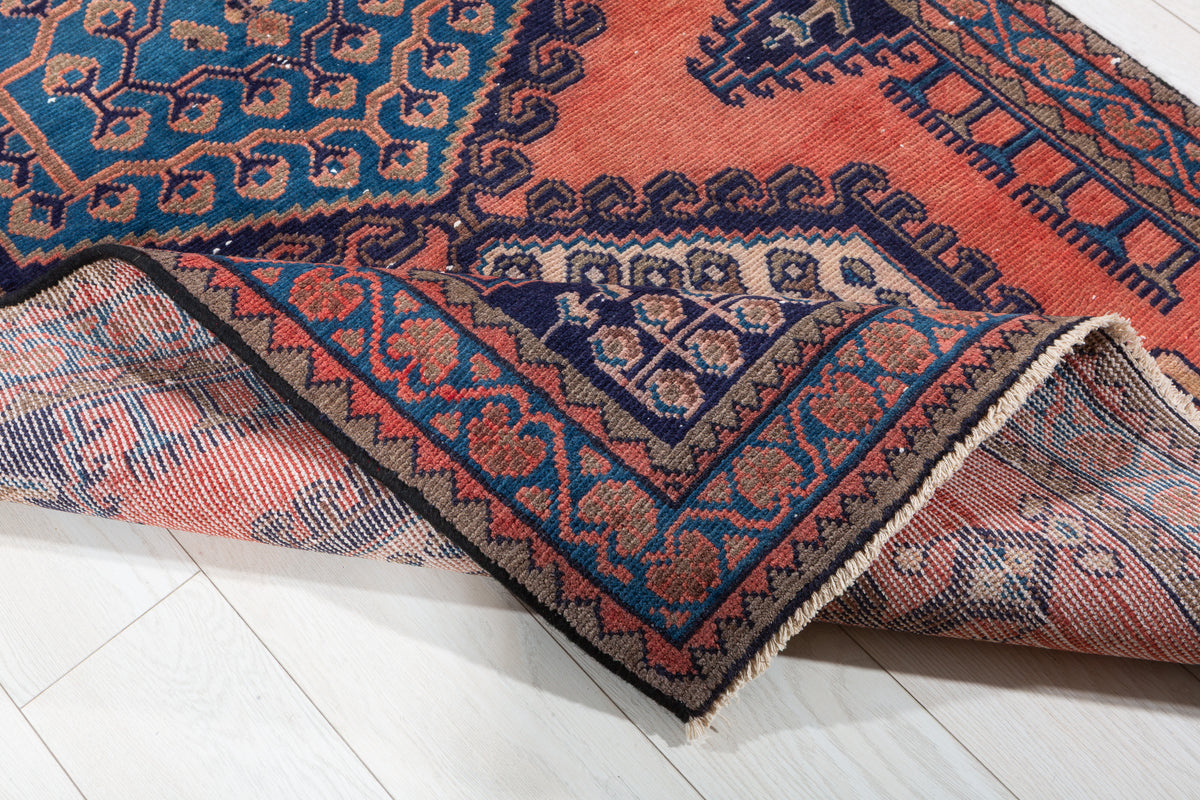 Collectible Vintage Orange and Blue Hexagonal Medallion Hand-Knotted Area Rug – 6' 7" x 3' 7" (200 x 108 cm)