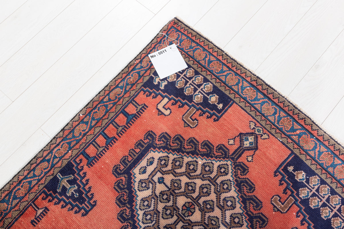 Collectible Vintage Orange and Blue Hexagonal Medallion Hand-Knotted Area Rug – 6' 7" x 3' 7" (200 x 108 cm)