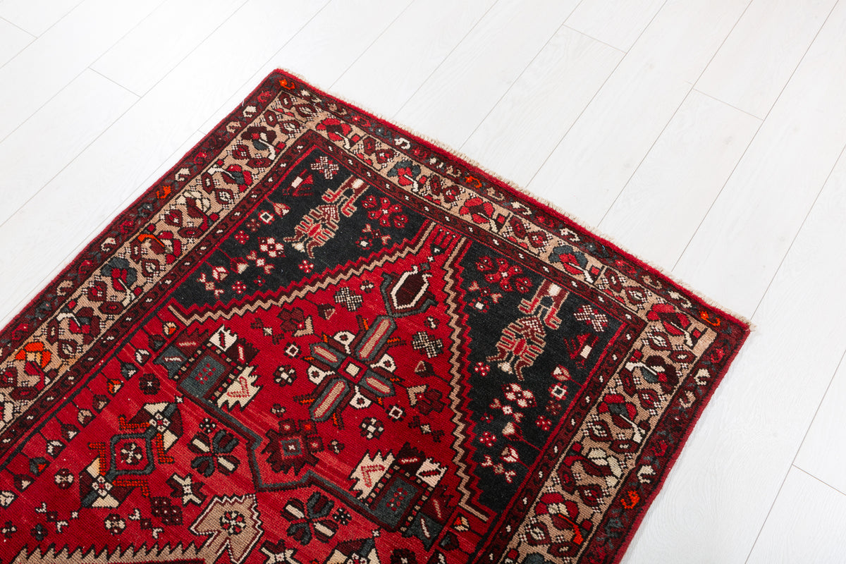 Vintage Red and Brown Diamond medallion Hand-Knotted Area Rug – 6' 6" x 3' 3" (199 x 100 cm)