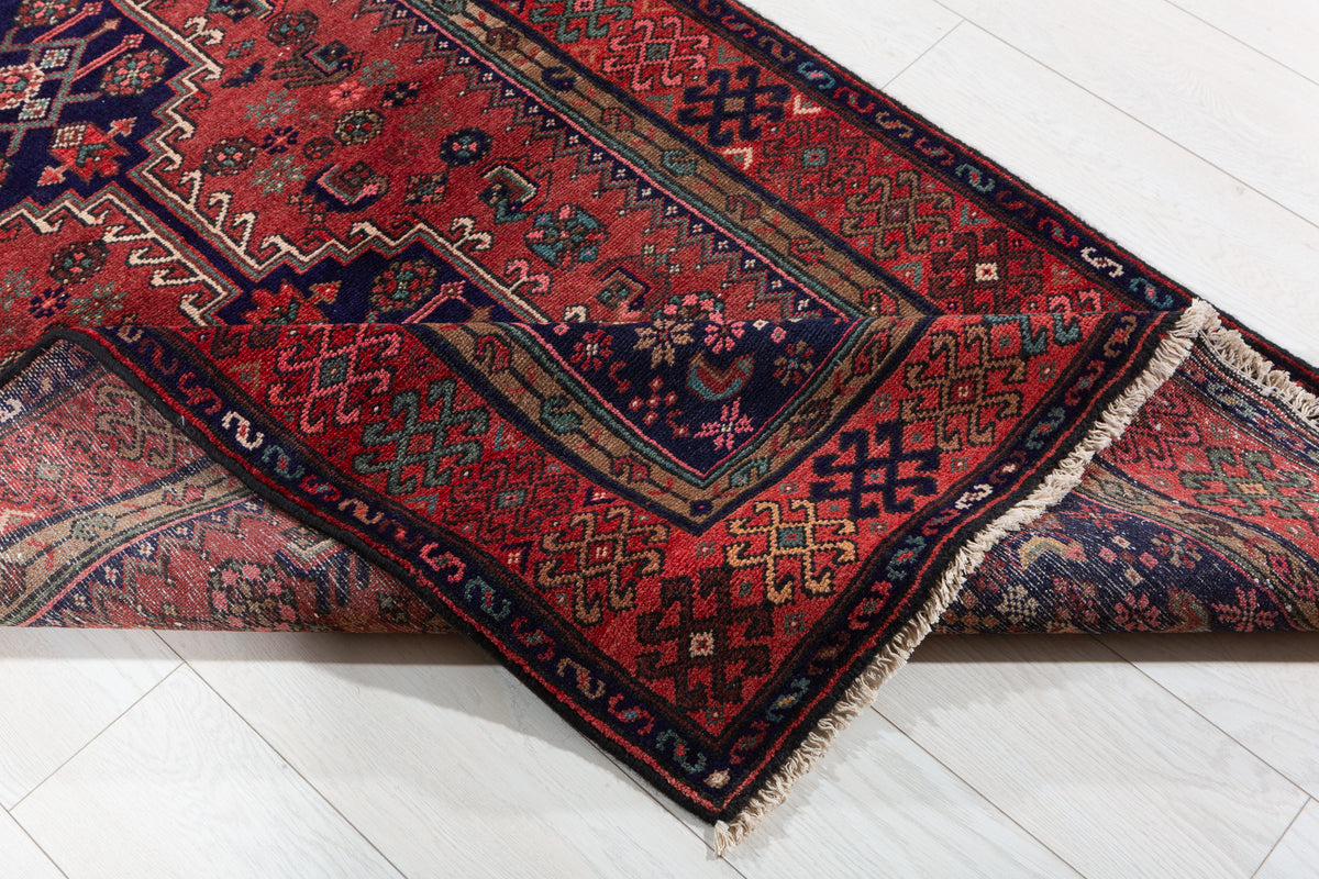 Vintage Rust Red and Navy Blue Medallion Hand-Knotted Area Rug – 6' 9" x 3' 5" (205 x 104 cm)