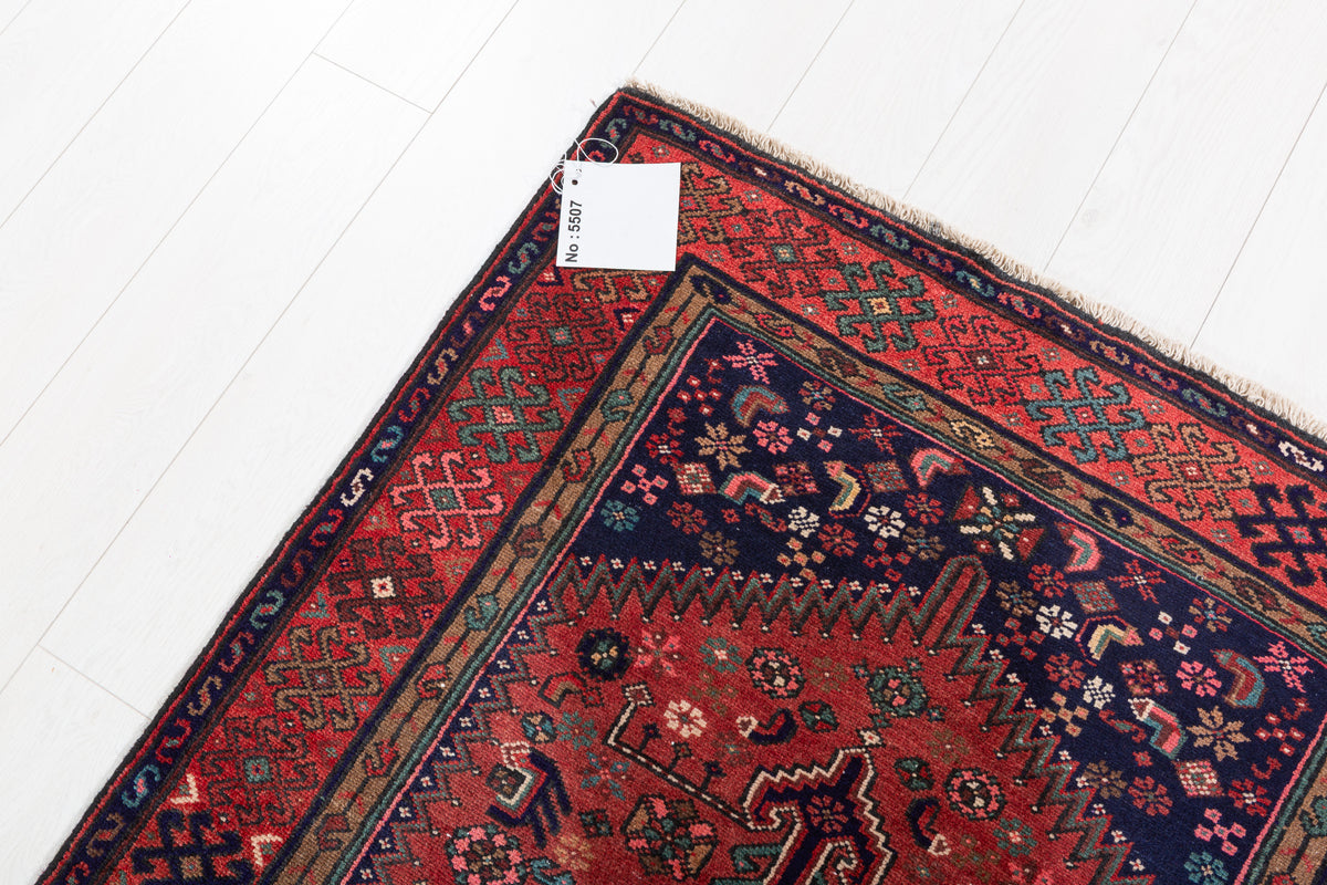 Vintage Rust Red and Navy Blue Medallion Hand-Knotted Area Rug – 6' 9" x 3' 5" (205 x 104 cm)