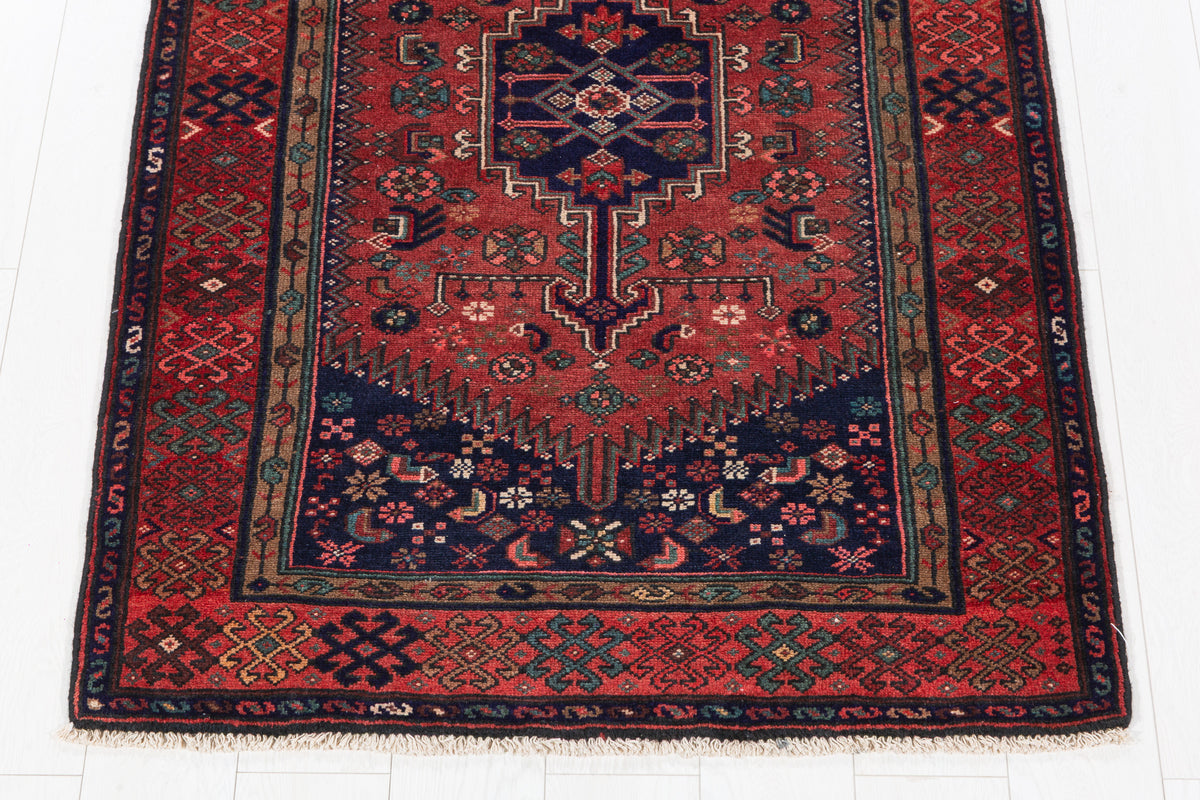 Vintage Rust Red and Navy Blue Medallion Hand-Knotted Area Rug – 6' 9" x 3' 5" (205 x 104 cm)