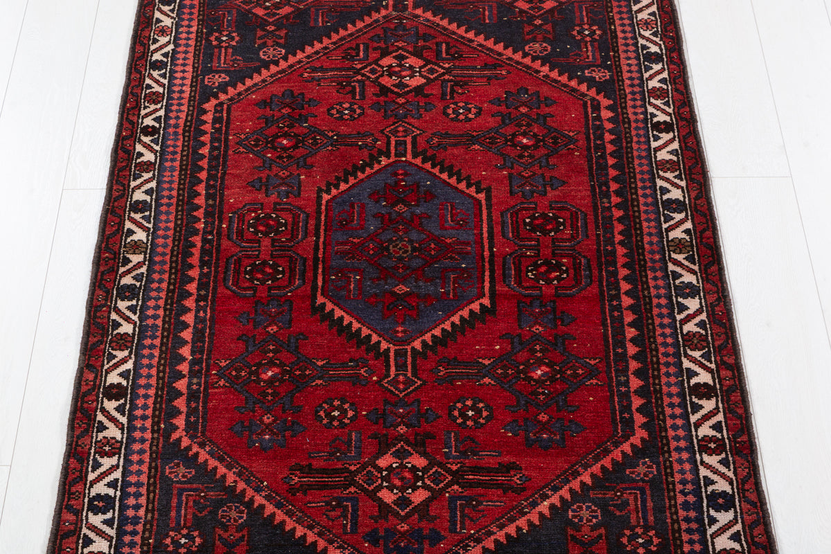 Vintage Red and Navy Blue Medallion Hand-Knotted Area Rug – 6' 5" x 3' 7" (196 x 108 cm)
