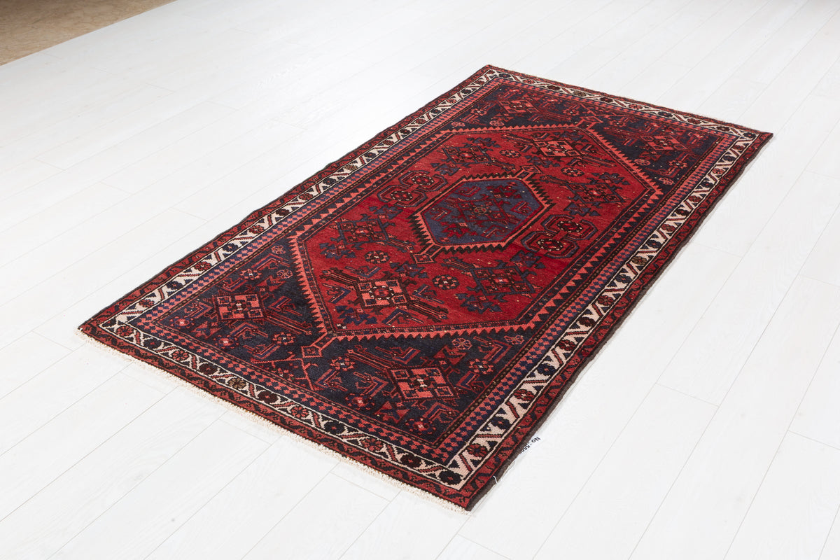 Vintage Red and Navy Blue Medallion Hand-Knotted Area Rug – 6' 5" x 3' 7" (196 x 108 cm)
