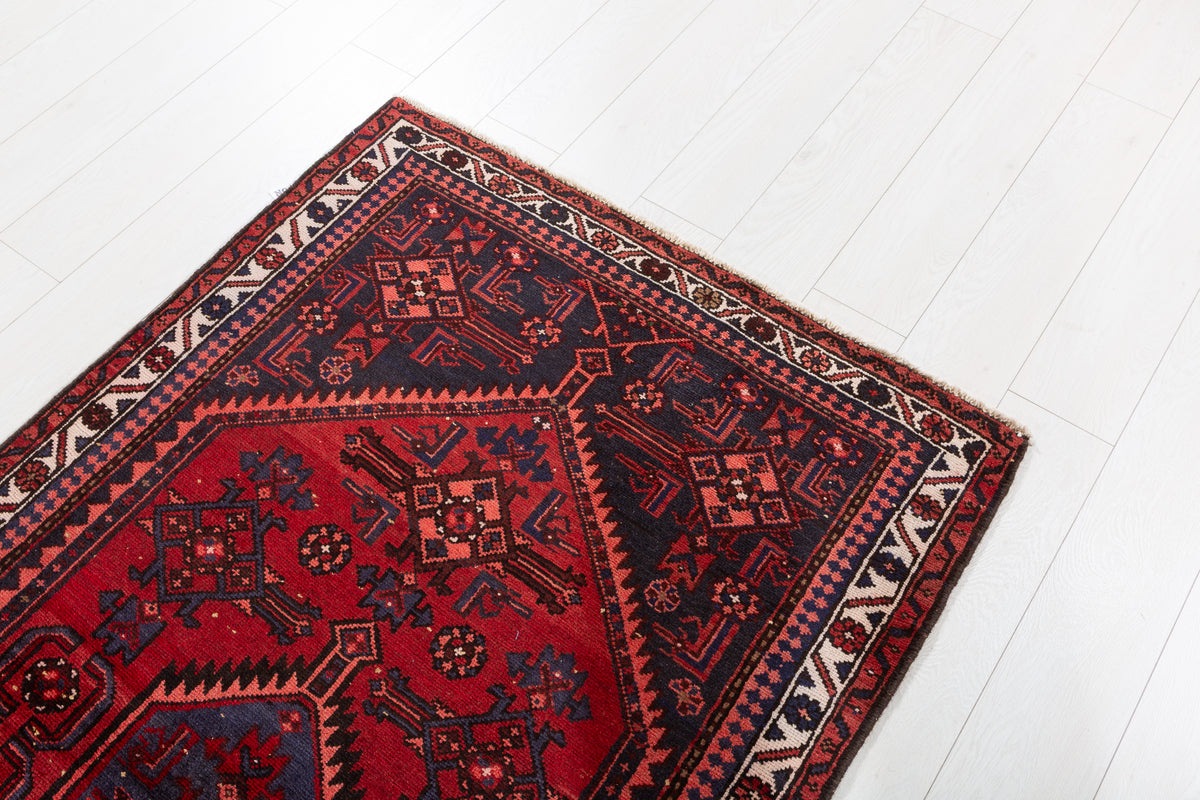 Vintage Red and Navy Blue Medallion Hand-Knotted Area Rug – 6' 5" x 3' 7" (196 x 108 cm)