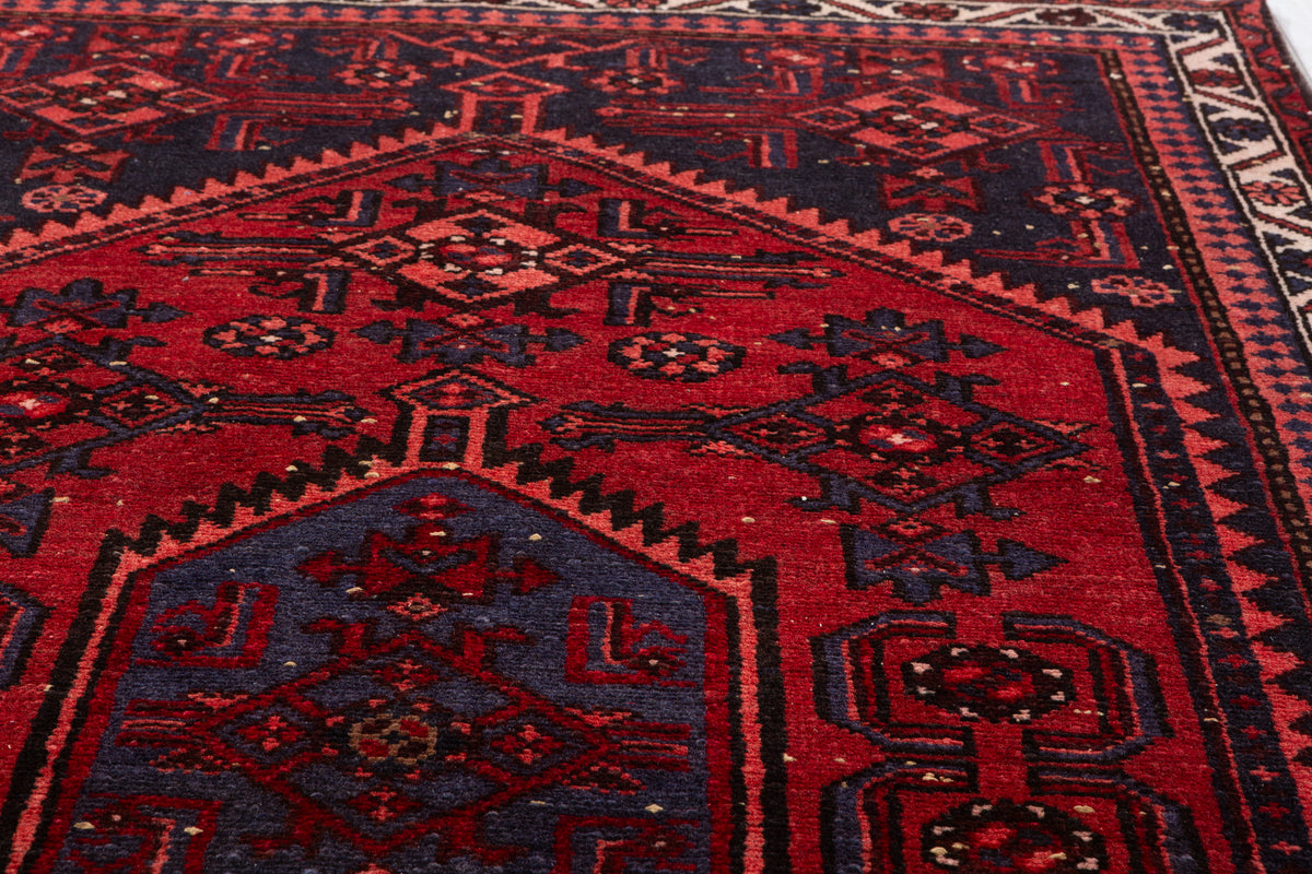 Vintage Red and Navy Blue Medallion Hand-Knotted Area Rug – 6' 5" x 3' 7" (196 x 108 cm)