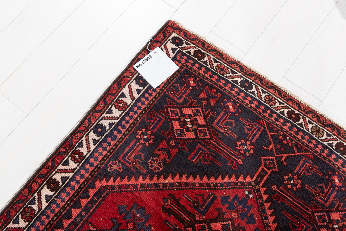 Vintage Red and Navy Blue Medallion Hand-Knotted Area Rug – 6' 5" x 3' 7" (196 x 108 cm)