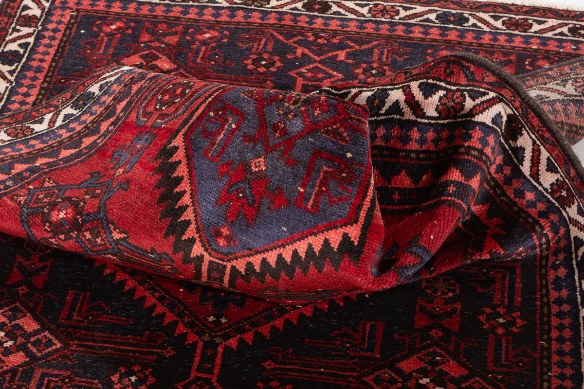 Vintage Red and Navy Blue Medallion Hand-Knotted Area Rug – 6' 5" x 3' 7" (196 x 108 cm)