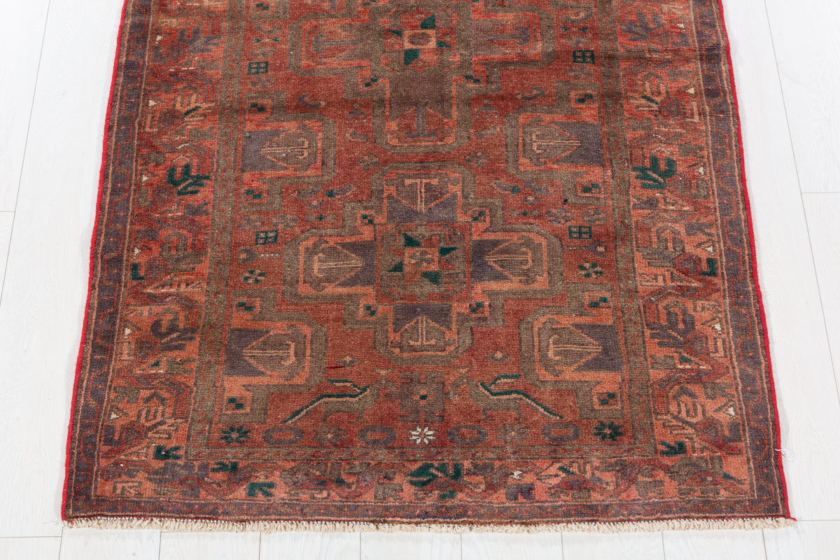 Vintage Faded Brick Red Allover Geometric Hand-Knotted Area Rug – 6' 7" x 3' 7" (201 x 109 cm)