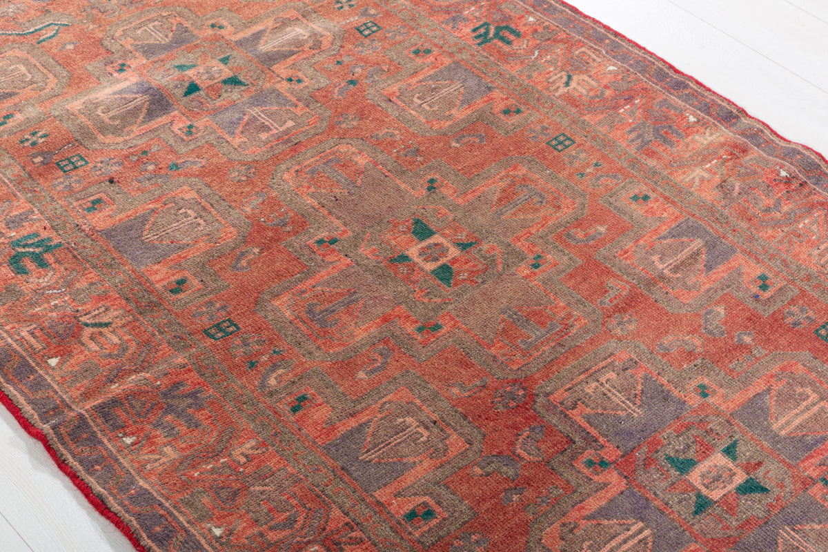 Vintage Faded Brick Red Allover Geometric Hand-Knotted Area Rug – 6' 7" x 3' 7" (201 x 109 cm)