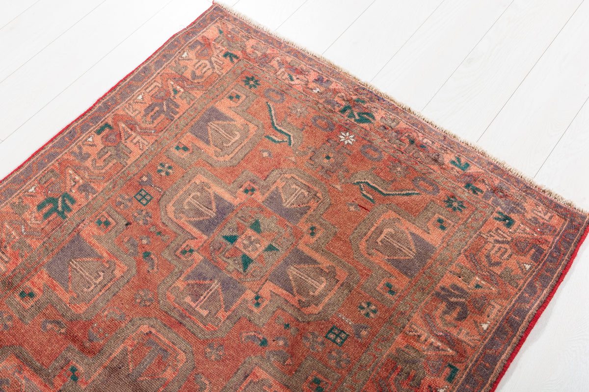 Vintage Faded Brick Red Allover Geometric Hand-Knotted Area Rug – 6' 7" x 3' 7" (201 x 109 cm)