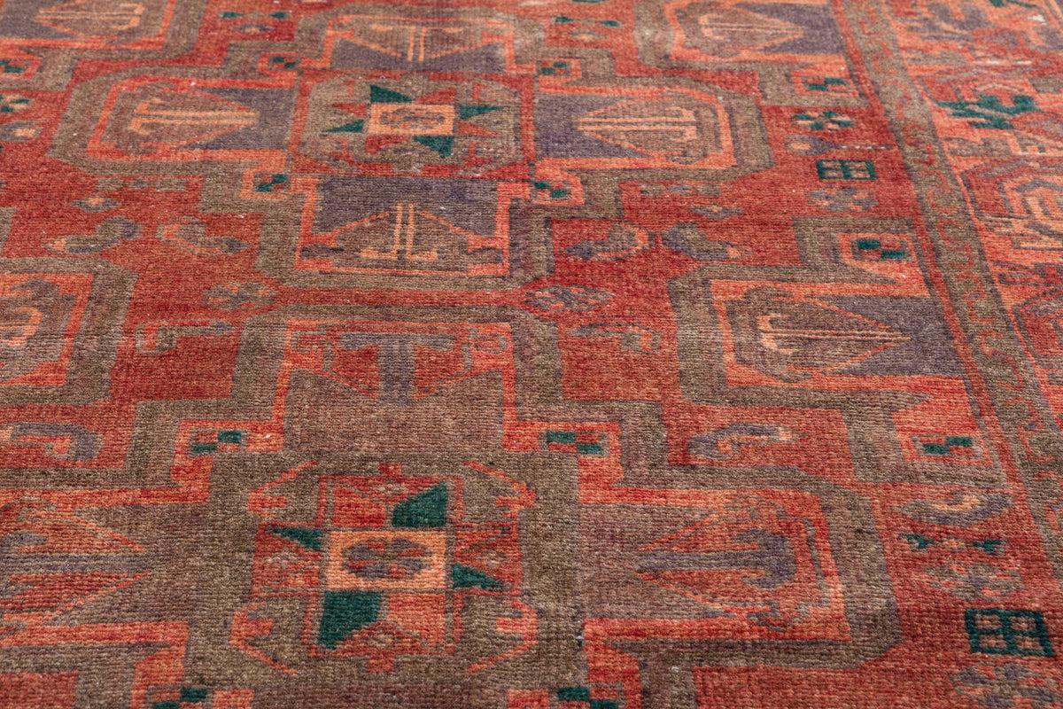 Vintage Faded Brick Red Allover Geometric Hand-Knotted Area Rug – 6' 7" x 3' 7" (201 x 109 cm)