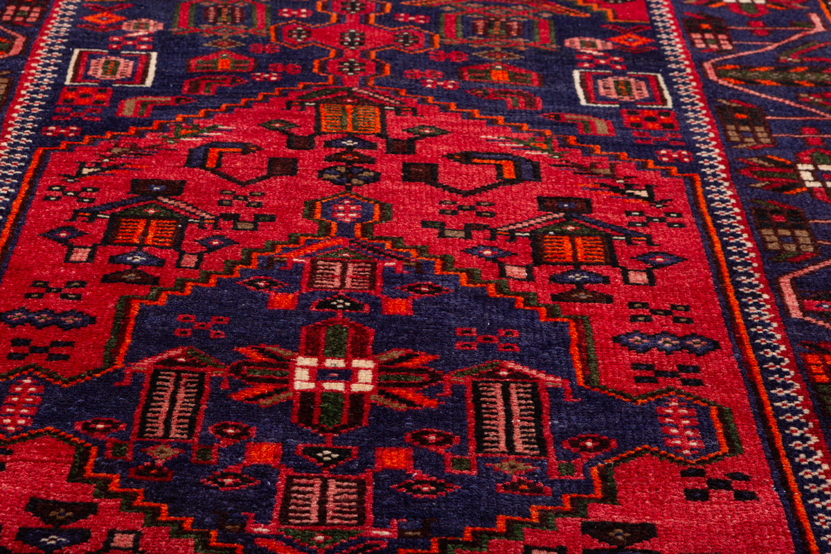 Tapis vintage rouge et bleu marine à médaillon géométrique – 6' 9" x 3' 4" (206 x 102 cm)