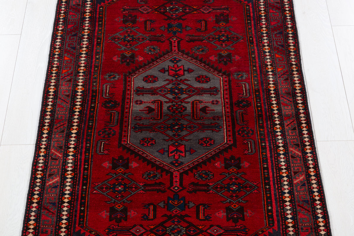 Vintage Red and Navy Blue Central Medallion Hand-Knotted Area Rug – 6' 9" x 3' 5" (206 x 103 cm)