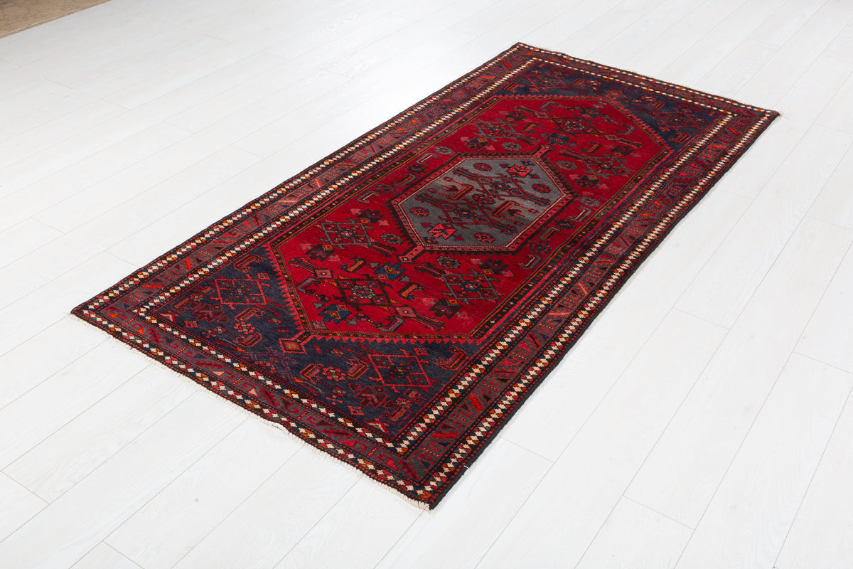 Vintage Red and Navy Blue Central Medallion Hand-Knotted Area Rug – 6' 9" x 3' 5" (206 x 103 cm)