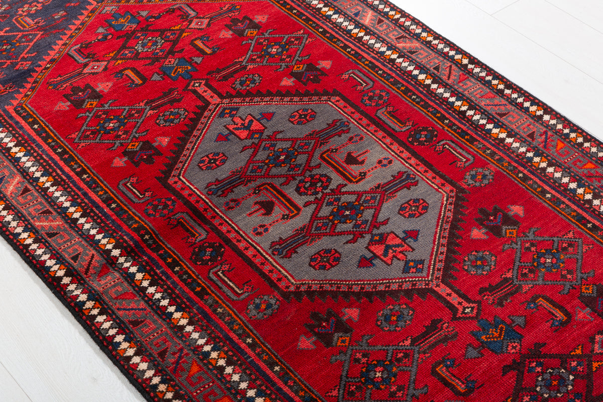 Vintage Red and Navy Blue Central Medallion Hand-Knotted Area Rug – 6' 9" x 3' 5" (206 x 103 cm)