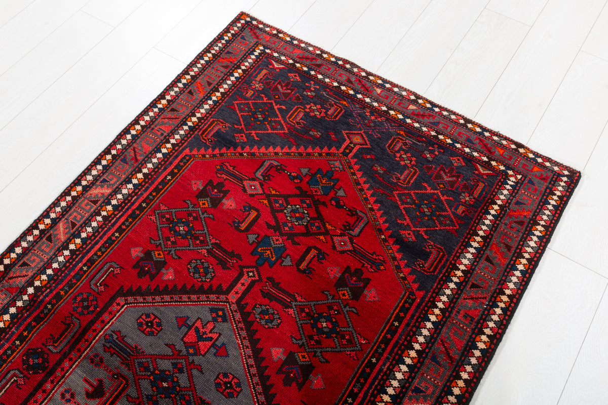 Vintage Red and Navy Blue Central Medallion Hand-Knotted Area Rug – 6' 9" x 3' 5" (206 x 103 cm)