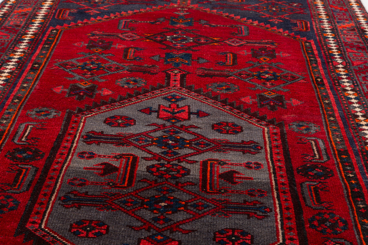 Vintage Red and Navy Blue Central Medallion Hand-Knotted Area Rug – 6' 9" x 3' 5" (206 x 103 cm)