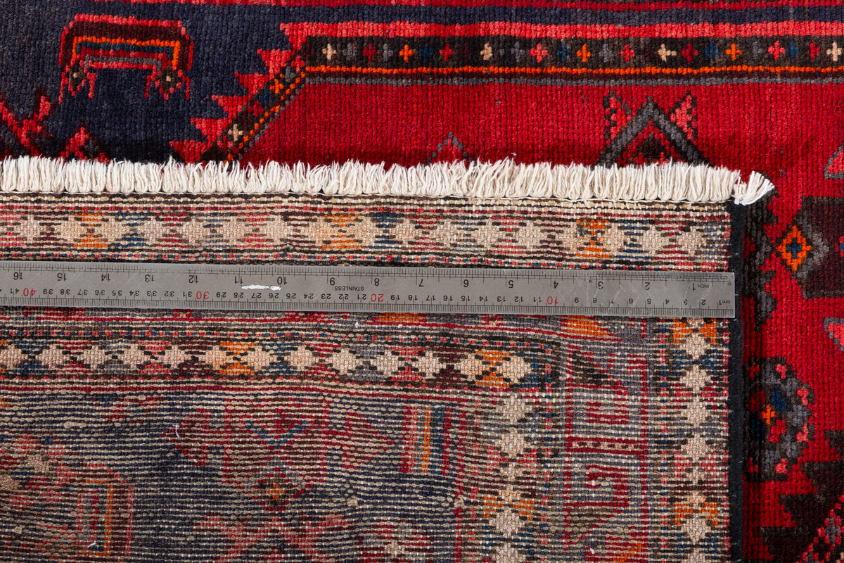 Vintage Red and Navy Blue Central Medallion Hand-Knotted Area Rug – 6' 9" x 3' 5" (206 x 103 cm)