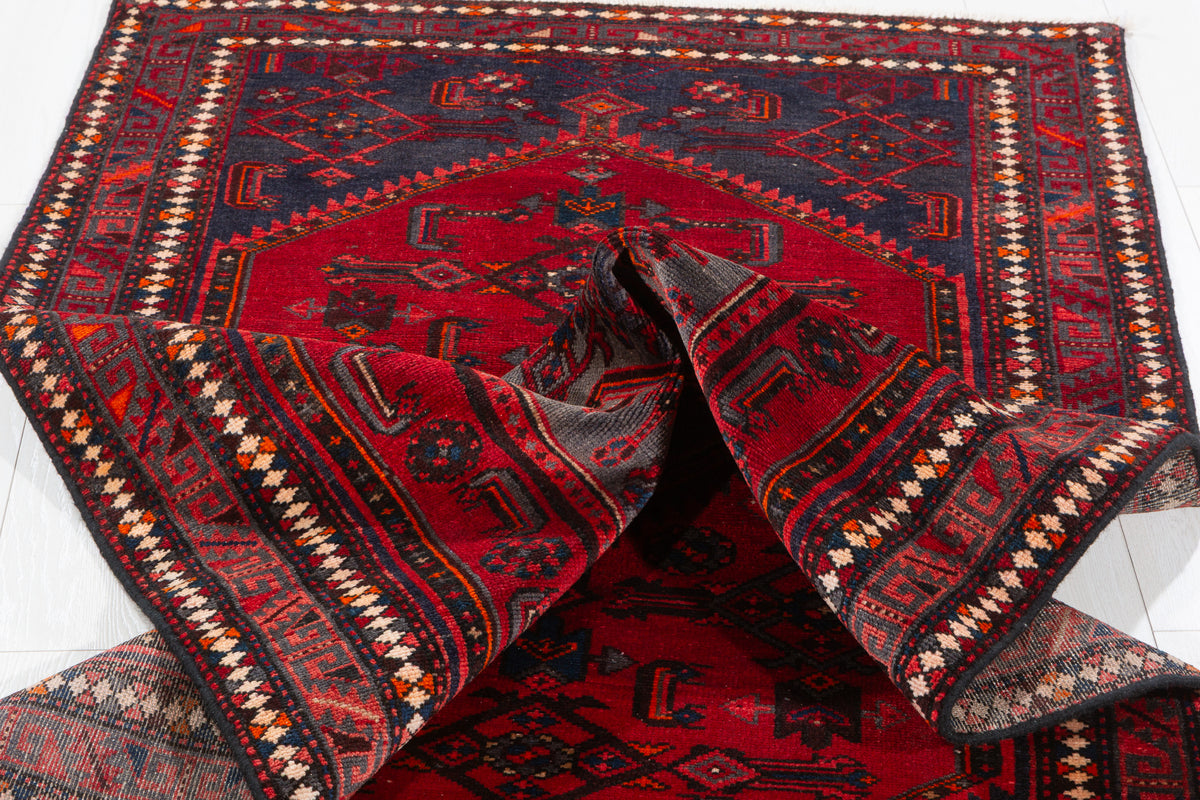 Vintage Red and Navy Blue Central Medallion Hand-Knotted Area Rug – 6' 9" x 3' 5" (206 x 103 cm)