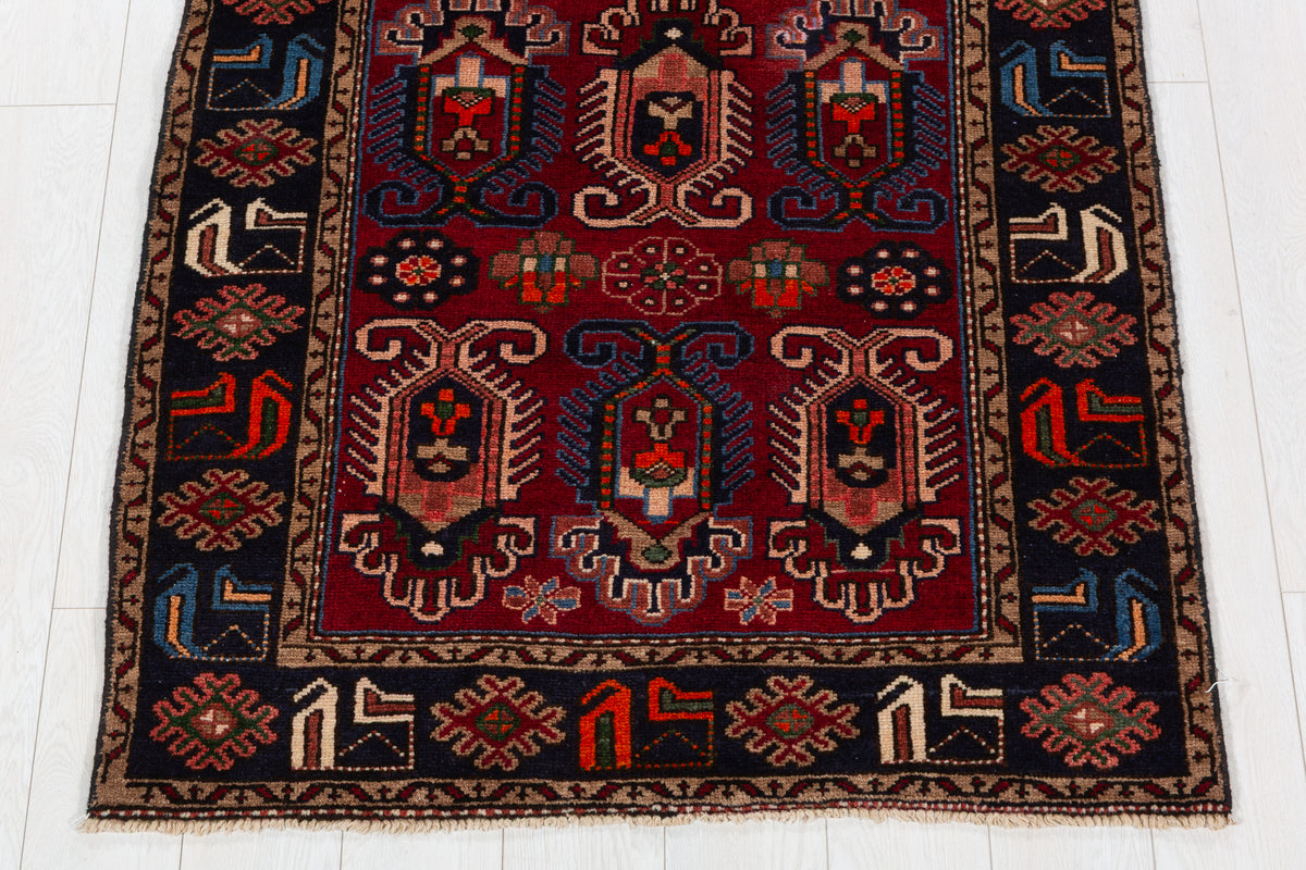Vintage Red and Deep Navy Blue Tribal Allover Hand-Knotted Area Rug – 6' 5" x 3' 5" (196 x 103 cm)