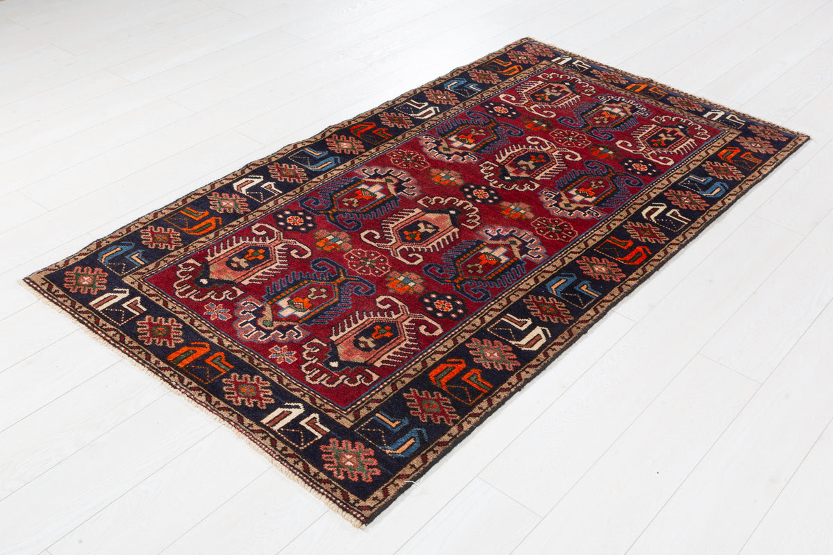 Vintage Red and Deep Navy Blue Tribal Allover Hand-Knotted Area Rug – 6' 5" x 3' 5" (196 x 103 cm)