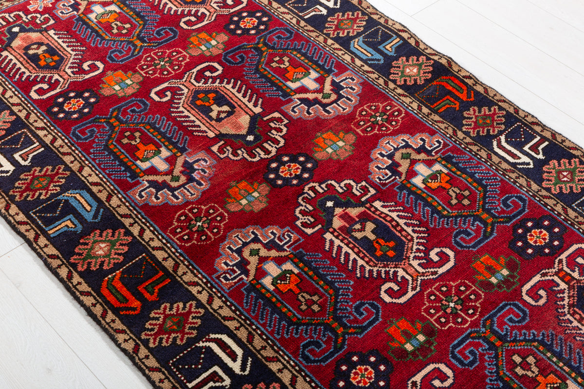 Vintage Red and Deep Navy Blue Tribal Allover Hand-Knotted Area Rug – 6' 5" x 3' 5" (196 x 103 cm)