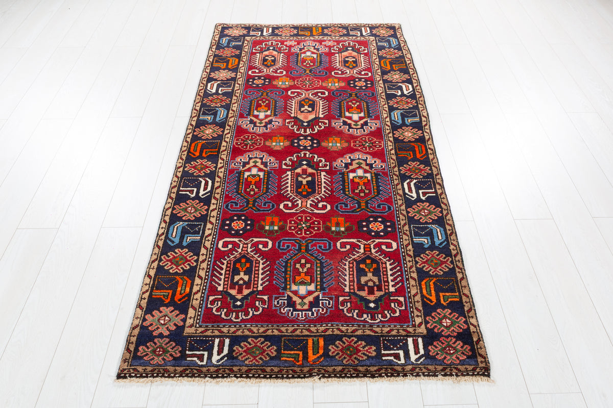Vintage Red and Deep Navy Blue Tribal Allover Hand-Knotted Area Rug – 6' 5" x 3' 5" (196 x 103 cm)