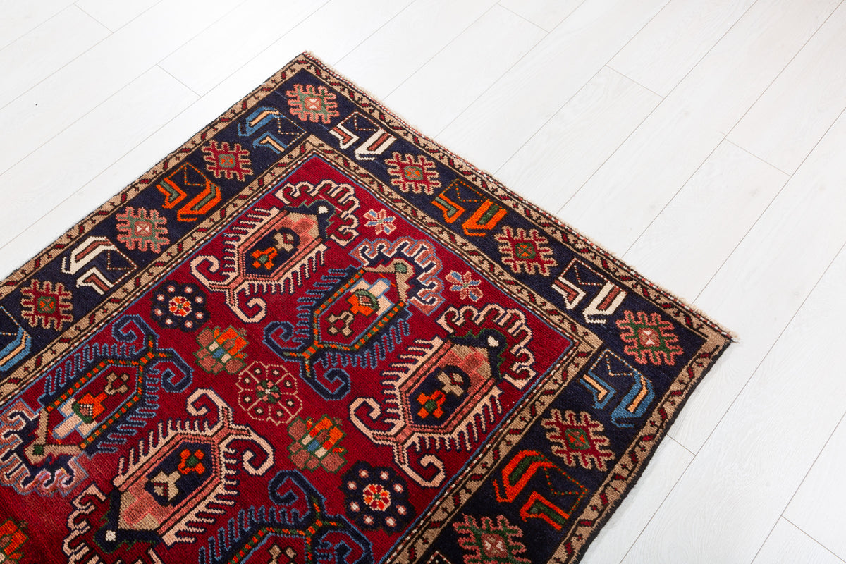 Vintage Red and Deep Navy Blue Tribal Allover Hand-Knotted Area Rug – 6' 5" x 3' 5" (196 x 103 cm)