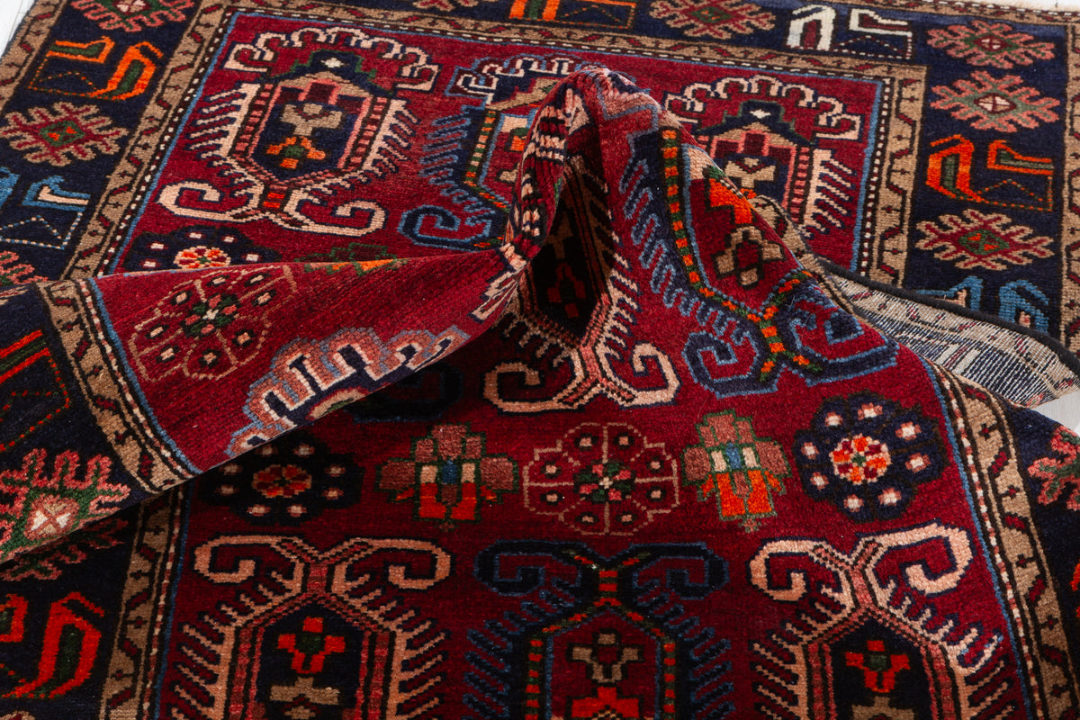 Vintage Red and Deep Navy Blue Tribal Allover Hand-Knotted Area Rug – 6' 5" x 3' 5" (196 x 103 cm)