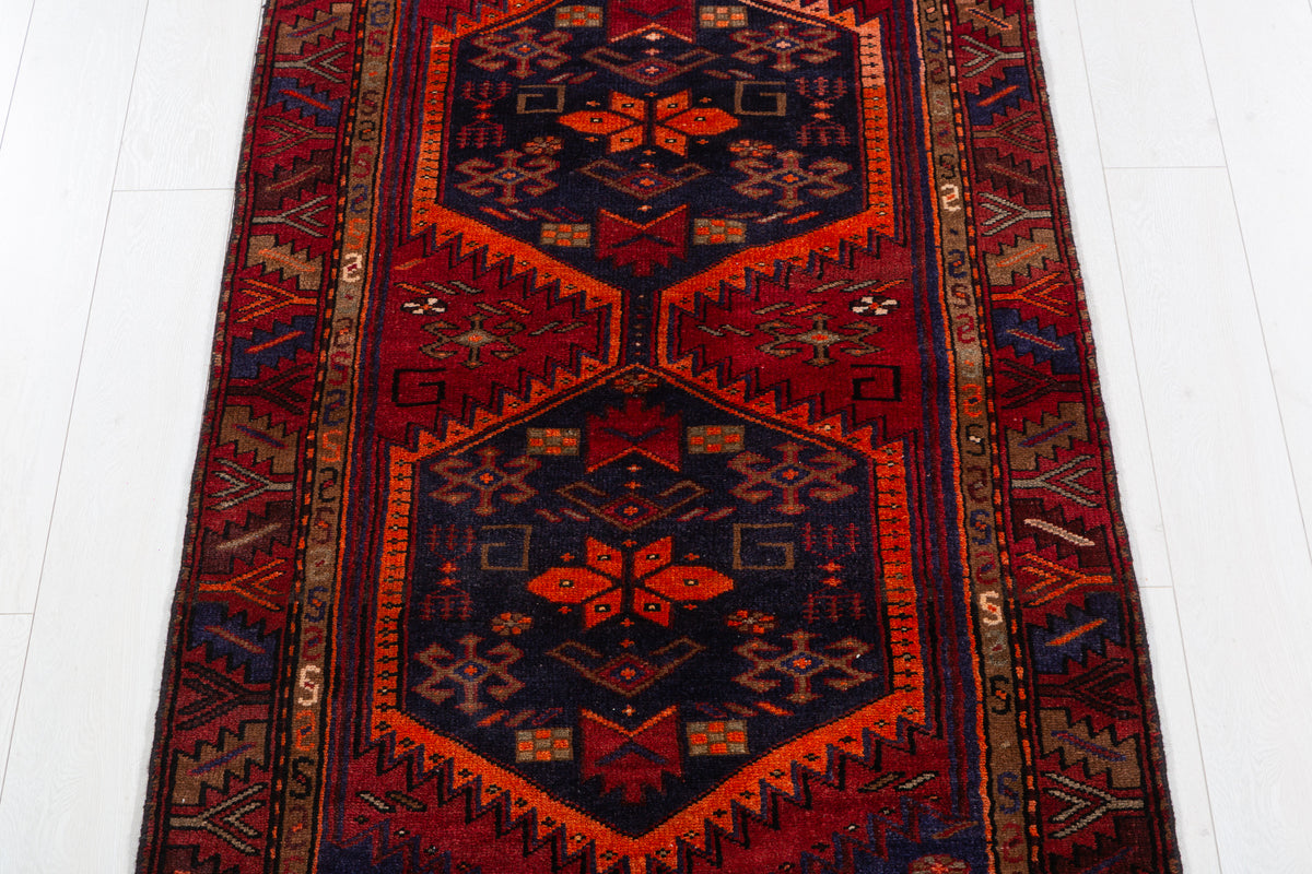 Vintage Red, Navy Blue, and Orange Double Diamond Medallion Hand-Knotted Area Rug – 6' 4" x 3' 2" (192 x 97 cm)