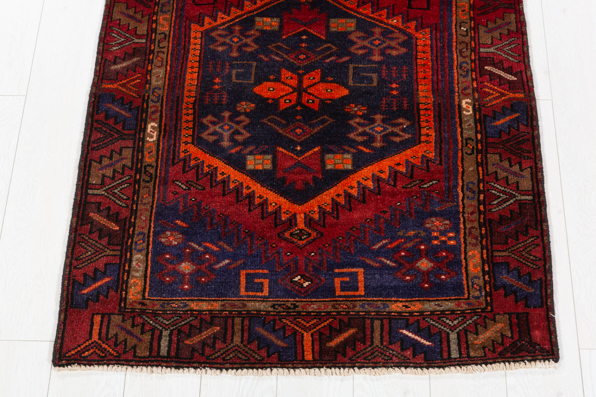 Vintage Red, Navy Blue, and Orange Double Diamond Medallion Hand-Knotted Area Rug – 6' 4" x 3' 2" (192 x 97 cm)