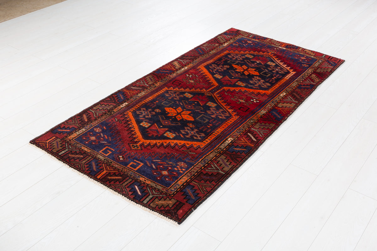 Vintage Red, Navy Blue, and Orange Double Diamond Medallion Hand-Knotted Area Rug – 6' 4" x 3' 2" (192 x 97 cm)